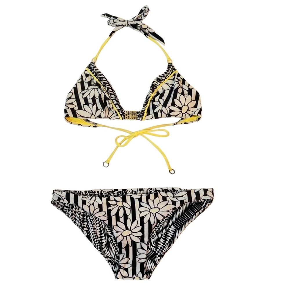 B. Swim Floral Bikini Reversible Bottoms Optical Illusion Black White Large